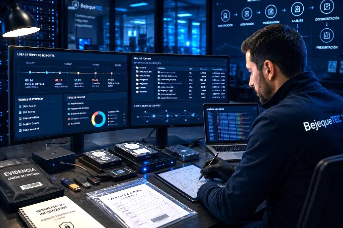     Especialista de BejequeTEC analizando evidencias digitales y peritaje informático profesional